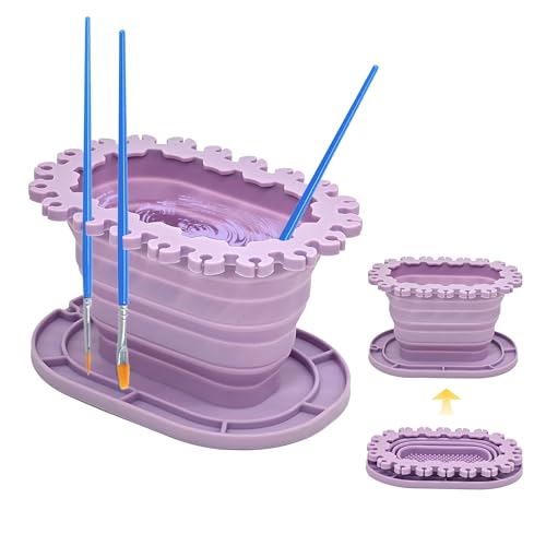 Foldable Silicone Paint Brush Cleaner Cup with Holder, Collapsible Basin for Acrylic, Watercolor & Oil Painting, Portable Artist Travel Supplies, Multi-Size Brush Drying Rack & Mixing Palette,Purple - color: Purple