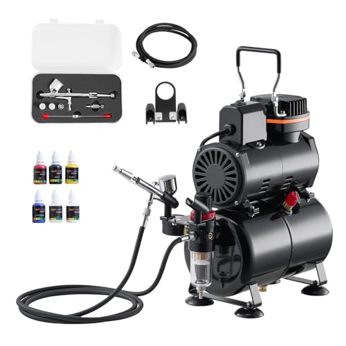 VEVOR Airbrush Kit, 1/6 HP, Air Brush Kit with Air Compressor and Tank, 1 Dual-Action Professional Airbrush with 3 Tips, Acrylic Paint, Low Noise, for Cake Decorating, Model Painting, Nail Art - color: 4 Paint Colors Set