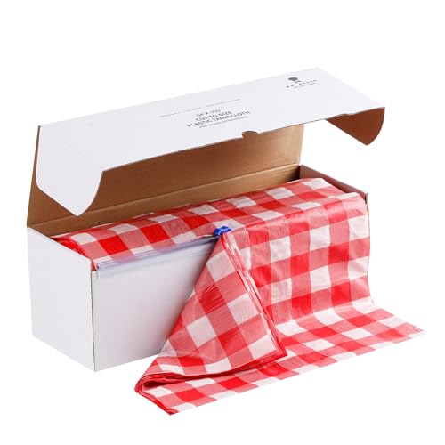 Goodluck 54 Inch X 300 Feet Plastic Table Cloths with Cutter Box, Red Checkered Disposable Table Cover Roll, Plastic Tablecloth for Party, Wedding, Birthday, Anniversary, Thanksgiving, Christmas - color: Red Checkered, size: 15.4" x 5.5" (Rectangular)