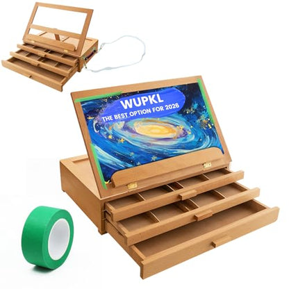 Tabletop Easel for painting with Storage, Wooden Artist Box Easel with 3 Drawers, Adjustable Desk Easel for Painting, Beechwood Art Supply Organizer with Handle & Strap for Adults Artists (Beech Wood)
