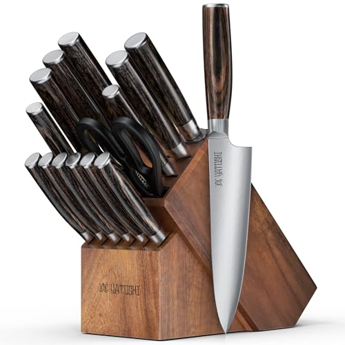 Yatoshi 15 Piece Knife Block Set - Pro Kitchen Knife Set Ultra Sharp High Carbon Stainless Steel with Ergonomic Handle, New - color: Acacia, size: 15-Piece