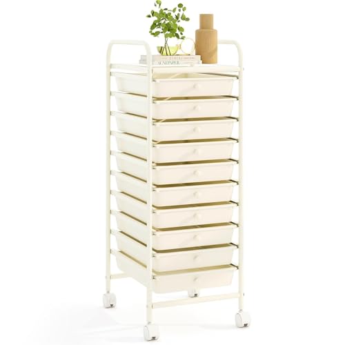RELAX4LIFE 10 Drawer Rolling Cart - Slim Storage Cart w/Lockable Wheels | 34"H White Metal Frame, Lockable Rolling Wheels; Classroom School Office Art Craft Scrapbook Supply Storage - color: White, size: 34''H