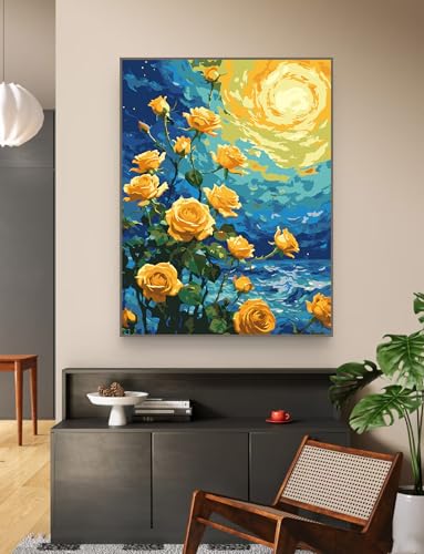 ZRIZQ Flowers Paint by Numbers Kit for Adults Beginner,Yellow Roses,16x20 | Full set with wooden brushes,rolled canvas,rich paints.Calming activity.Beginner friendly.Just open and paint. - color: 16"X20"Rolled Canvas(Frameless)-Flowers 1