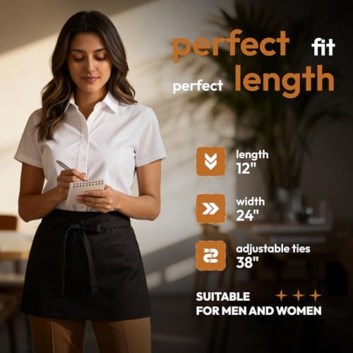 White Classic 3 Pack - Black Server Waist Aprons with 3 Pockets, Waitress Half Apron - color: Black Waist Apron - 3 Pack