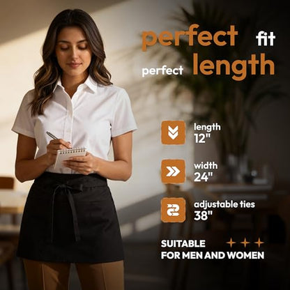 White Classic 3 Pack - Black Server Waist Aprons with 3 Pockets, Waitress Half Apron - color: Black Waist Apron - 3 Pack