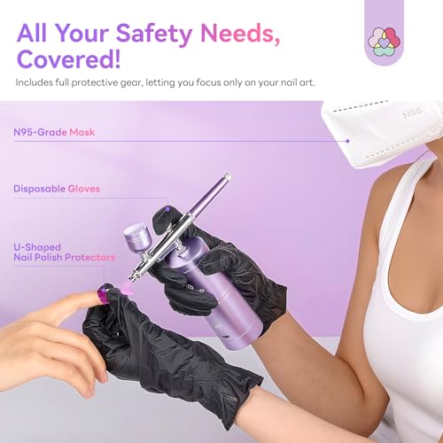 SAVILAND 7-in-1 Nail Airbrush Kit with Airbrush Gels & Cleaner Tools | Clog-Free Airbrush Gun with 6 Pink Gels, Cleaner, & Stencils, Instantly Atomizes for Flawless Aura & Ombre Nails - color: black, white, pink, nude