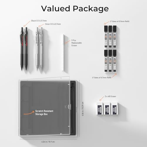 Nicpro 4 PCS Metal Mechanical Pencil Set 0.5 mm & 0.7mm with Case | Artist Pencil MP1000 with 6 Tubes HB Lead Refill, 3 Eraser, 9 Eraser Refill For Art Writing Drafting Drawing,Black & Silver - color: Black + Silver (4 Pack)