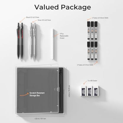 Nicpro 4 PCS Metal Mechanical Pencil Set 0.5 mm & 0.7mm with Case | Artist Pencil MP1000 with 6 Tubes HB Lead Refill, 3 Eraser, 9 Eraser Refill For Art Writing Drafting Drawing,Black & Silver - color: Black + Silver (4 Pack)