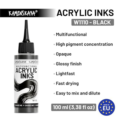 KAMENSKAYA Acrylic Inks for Artists - Black Acrylic Ink, 3.38 Fl Oz (100 ml) | Highly Concentrated, Multifunctional Liquid Acrylic Paint - color: Black