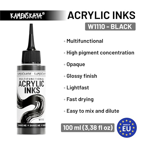 Acrylic Inks for Artists - Black Acrylic Ink, 3.38 Fl Oz (100 ml) | Highly Concentrated, Multifunctional Liquid Acrylic Paint - color: Black
