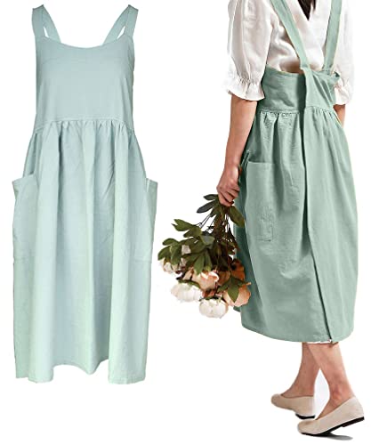 Women Girls Cross Back Apron Gardening Works Cotton Aprons Pinafore Dress - color: Green
