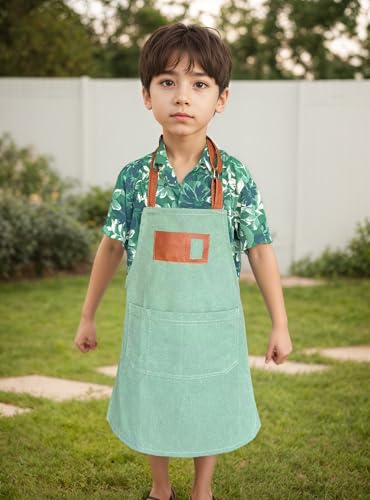 Canvas Aprons for Kids, Childrens Aprons with 4 Pockets and Card Slot Pocket for Painting Crafting Kitchen - color: Light Green