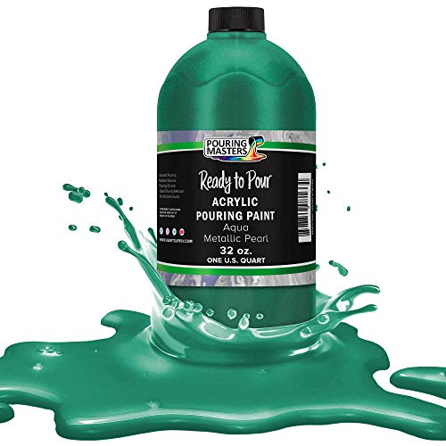 Pouring Masters Aqua Metallic Pearl Ready to Pour Acrylic Pouring Paint - Premium 32-Ounce Pre-Mixed Fluid Acrylic Paint - Fluid Art Supplies for Canvas, Wood, Paper, Tile & Rocks | Ready to Pour, Premium Pre-Mixed Fluid Acrylic Paint - Fluid Art Supplies