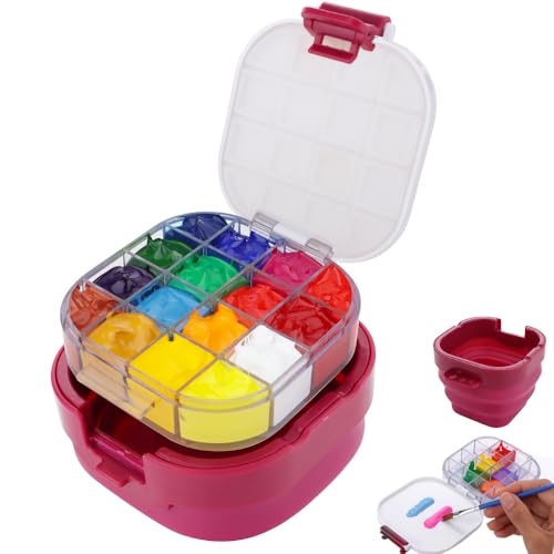Paint Saver Storage Palette Box 16-Well Portable Airtight (Red, 0.95”x 4.6”x 3.5")