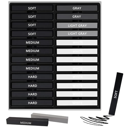 24 Pcs Compressed Charcoal Sticks with Soft, Medium, Hard and White Charcoal, Square Charcoal Stick Kit for Drawing, Sketching and Shading (12 Black + 4 Gray + 8 White) - color: 12 Black + 4 Gray + 8 White