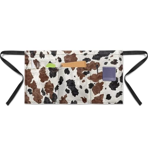 Waist Apron with 3 Pockets Waterproof 13 Inch Short Half Waist Aprons Women Men Server Aprons Waitress Waiter Apron - color: Brown Cow Print