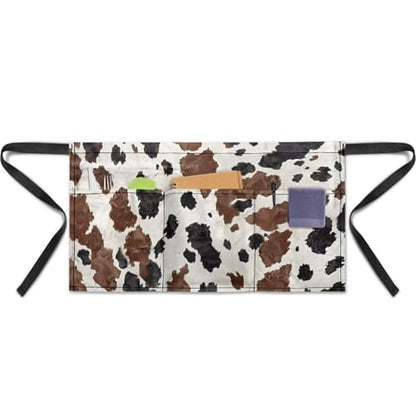 Waist Apron with 3 Pockets Waterproof 13 Inch Short Half Waist Aprons Women Men Server Aprons Waitress Waiter Apron - color: Brown Cow Print
