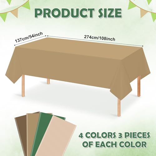 12 Pack Sage Green and Brown Plastic Tablecloth for Rectangle Tables, Safari Baby Shower Disposable Table Cover, Mallard Duck Camo Table Cloth for Jungle Forest Christmas Picnic Woodland Party Decor - color: Sage Green Brown