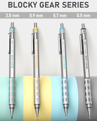 Nicpro 36PCS Blocky Gear Art Mechanical Pencil Set with Case | Metal Mechanical Pencils 0.5/0.7/0.9/2mm Lead Holder for Drawing Sketching with 20 Tubes (6B 4B 2B HB 2H 4H Colors) Refills - style: 6 PACK