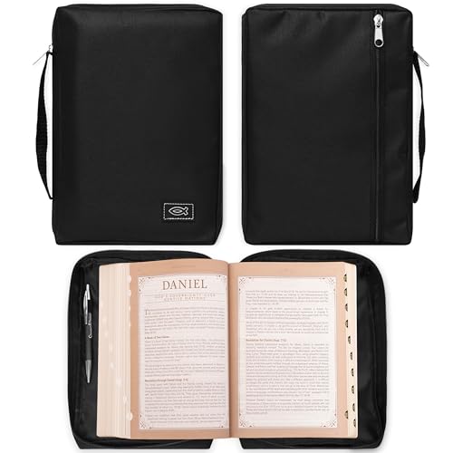Christian Art Gifts Men or Women's Bible Cover Secure Zipper Jesus Fish, Black Canvas, Large - color: Black/Jesus Fish #2, size: Large
