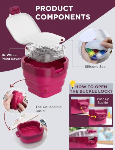 16-Well Airtight Empty Palette Box with Lid & Foldable Water Cup, Pink | Compact Travel Design, Refillable Paint Storage Suitable for Guache, Watercolor & Acrylic - color: Pink