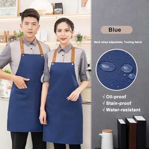 Kitchen Bib Apron with Pockets, Women Men Adjustable Neck Strap Water Resistant Apron for Chef Artist Waiter - color: Blue