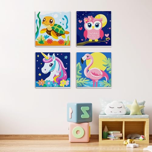 MXJSUA Framed 4 Pack Cute Animals Paint by Numbers Kit, DIY Paint by Number Kits for Kids Ages 6-12, Paint by Numbers Kits for Children Beginner, Acrylic Oil Painting for Home Wall Decor (8x8inch) - color: Animal-c