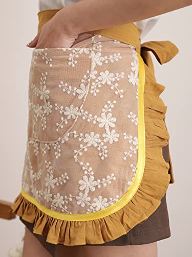 Unisex Chef Aprons White Retro Cotton Maid Short 2 Pockets Waist Waiter Waitress Half Apron - color: Yellow-embroidered