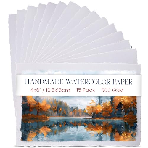 Wanderings Thick Handmade Watercolor Paper with Deckled Edge - A6, 4" x 6" - 500GSM Premium White Cold-Pressed Textured Mixed Media Paper Made with Recycled Cotton - 15 Loose Leaf Sheets - color: White, size: 4x6 inches