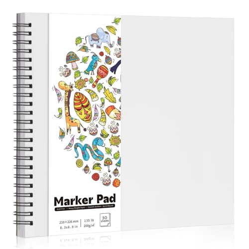 135lb/200gsm Marker Paper Pad, 8.3×8.9in Double Sided Bleedproof Sketch Pad, 30 Sheets Art Paper Spiral Sketchbook, Smooth Painting Coloring Alcohol Marker Paper for DIY, Gift | Acid-Free Smooth Paper, Bleed-Resistant, Spiral Bound with Tear Line, Lays Fl