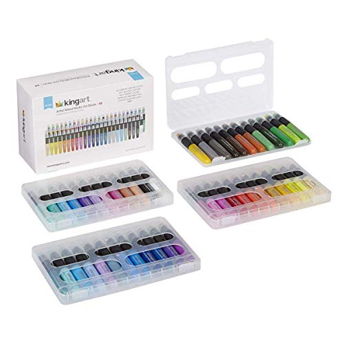 KINGART Mixed Media Gel Stick Crayons, Vibrant, Set of 48-Colors | Water-Soluble Gel Crayons, Smooth Blend, Works on Paper, Wood & Canvas, Odorless, Non-Toxic, Storage Case Included