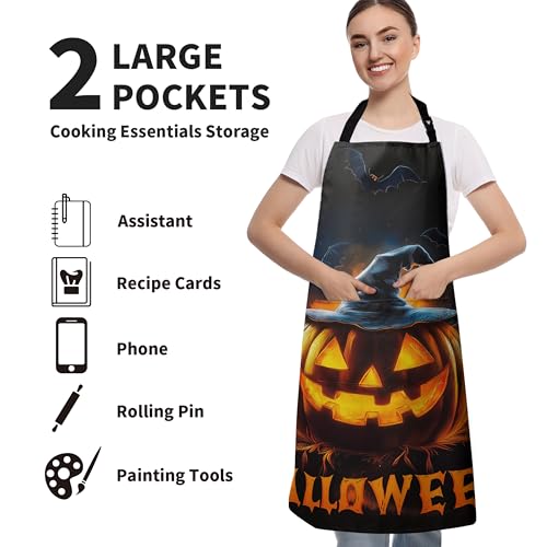 Halloween Aprons Jack-O-Lantern Apron with Pockets Adjustable Neck Strap Spooky Bat Pumpkin Holiday Kitchen Chef Apron for Cooking Barbecue Baking Sewing Crafting - color: Halloween Pumpkin-a