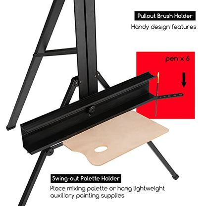 MEEDEN Aluminum Easel Stand for Painting: Portable Art Tripod | Art Standing Paint Floor Easel for Artist with Swing-Out Palette Holder & Brush Rest, Holds Canvas up to 34" - size: 67" High