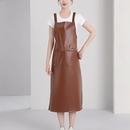 Waterproof Apron Large Pocket PU Material Waterproof Oil-proof Dust-proof Apron Black and Red - color: Brown（long）