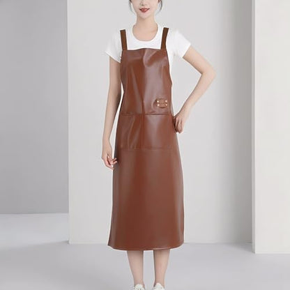 Waterproof Apron Large Pocket PU Material Waterproof Oil-proof Dust-proof Apron Black and Red - color: Brown（long）