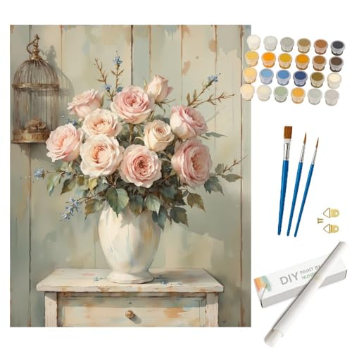 Still Life Paint by Numbers Kit for Adults - DIY Pink Roses in Vase Painting Rolled on Canvas 16x20 Inches, Acrylic Paint Set, Suitable for Beginners, Art for Home Decoration or Gifts - color: HSX00322, size: 16X20IN Rolled