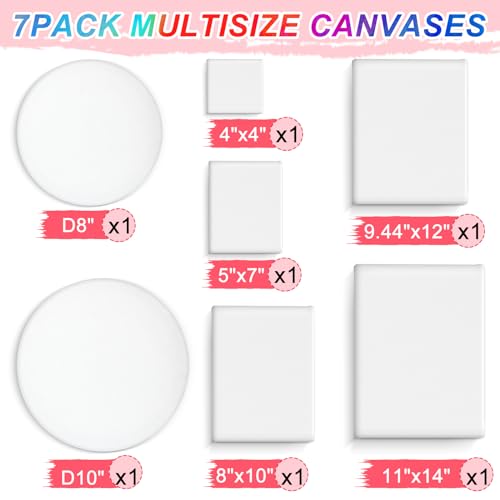 7 Pack Stretched Canvases for Painting, Multi Size 11x14, 9.44x12, 8x10, 5x7, 4x4, Round Canvas with 8x8, 10x10, Primed Blank Canvas for Oil, Acrylic Paint, Beginner, Artist - size: 7 Packs - 7 Sizes (1 of Each)