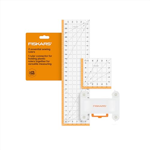 Fiskars 3-Piece Ruler & Connector Set, 6.5" x 6.5" & 6.5" x 24.5" Rulers | Connect Two Sewing Rulers of Any Size w/ Connector, Precision Measuring Tool for Arts & Crafts, Easy Alignment & Cutting - size: 6.5" x 6.5" and 6.5" x 24.5"