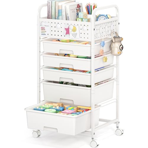 5 Drawer Rolling Storage Cart with Pegboard Top and Hooks, White | Mobile Utility Organizer with Wheels for Office Supplies, Craft Storage, Classroom Organization, Home Storage Cart - color: White, size: 5-Drawers