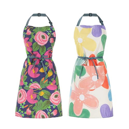 2 Pack Floral Apron for Women with Pockets, Adjustable Cotton Chef Aprons for Kitchen, Cooking, BBQ & Grill - color: Red/Peony