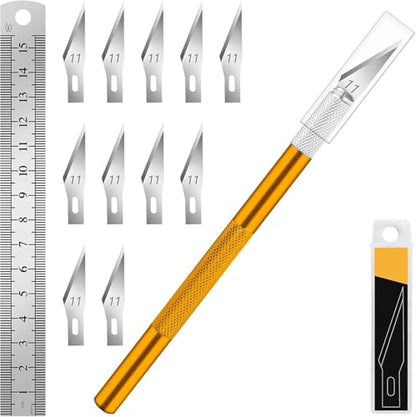 DIYSELF Exacto Craft Knife Set with 10 Extra #11 Blades, 6-Inch Metal Ruler | Craft Razor Knife with Ruler for Polymer Clay, Paper, Vinyl & Models, Exacto Knife for Crafting, Artists & Hobbyists, Gold - color: Gold