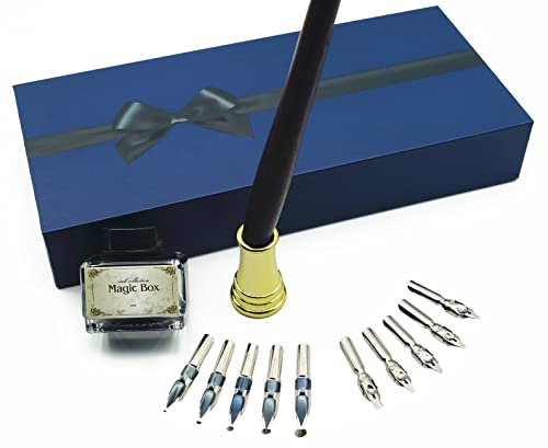 Plotube Calligraphy Pen Set, 11 Nibs, Black Ink, Pen Stand | Wooden dip pen for writing, 11 calligraphy pens nibs, 1 bottle of black ink, golden pen stand, beginners' manual - color: Black