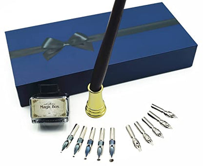Plotube Calligraphy Pen Set, 11 Nibs, Black Ink, Pen Stand | Wooden dip pen for writing, 11 calligraphy pens nibs, 1 bottle of black ink, golden pen stand, beginners' manual - color: Black