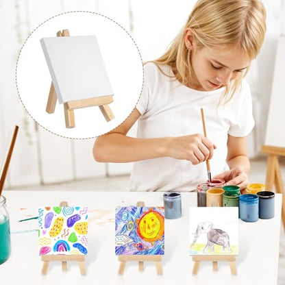 24 Pack Mini Canvases and Easels 3 x 3 Inch Small Canvas and Easel for Painting Art Stand with Panels Tabletop Wooden Display Easel for Birthday Parties Valentine‘s Day Gift