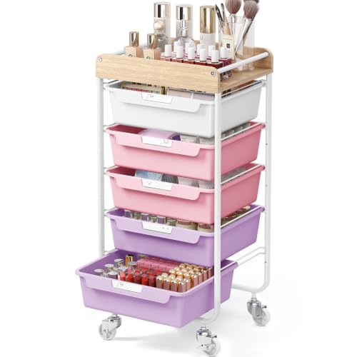 SYKIARIOL Utility Cart with 5 Labeling Drawers and Wooden Tabletop,Purple - color: Dreamy Color, size: 5-Drawer