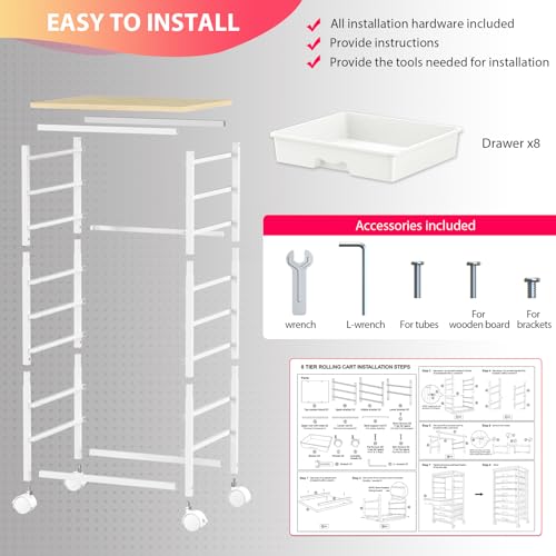 Goovilla Rolling Cart with 8 Drawers for Art, Dorm, Office, Craft, White | Utility Cart Organizer With 8 Removable Drawers and Wooden Tabletop, Lockable Rolling Storage Organizer for Classroom, Home - size: White