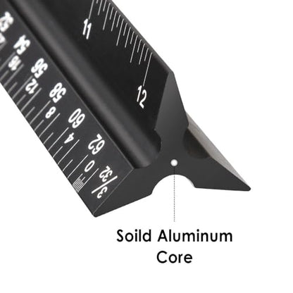 Architectural Scale Ruler 12 Inch, Aluminum Triangular Drafting Ruler | Laser-etched imperial scales for blueprints, floor plans, drafting, engineering and construction drawings.