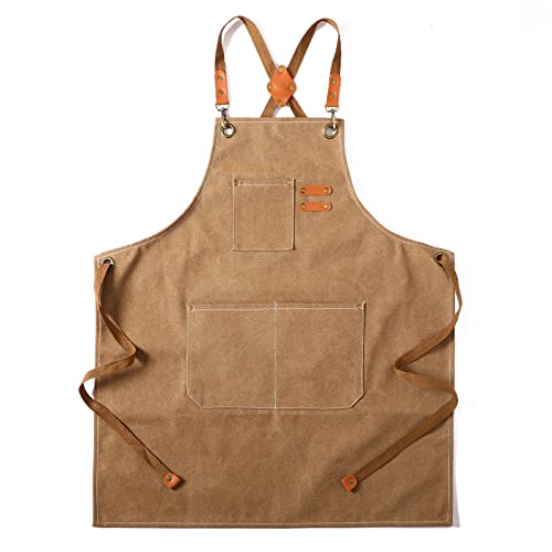 Tosewever Canvas Cross Back Chef Cotton Aprons for Men Women with Large Pockets - color: Cappuccino Brown