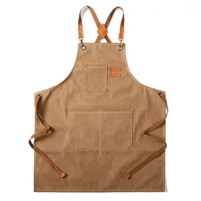 Tosewever Canvas Cross Back Chef Cotton Aprons for Men Women with Large Pockets - color: Cappuccino Brown