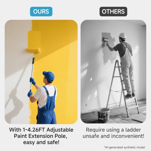 Paint Roller Kit with Extension Pole - 6 Pieces Set with 9" Paint Roller, 2" Paint Brush, 51" Adjustable Extension Pole, 11" Sturdy Paint Tray - Complete Painting Tool Set - size: 9 Inch with Extension Pole